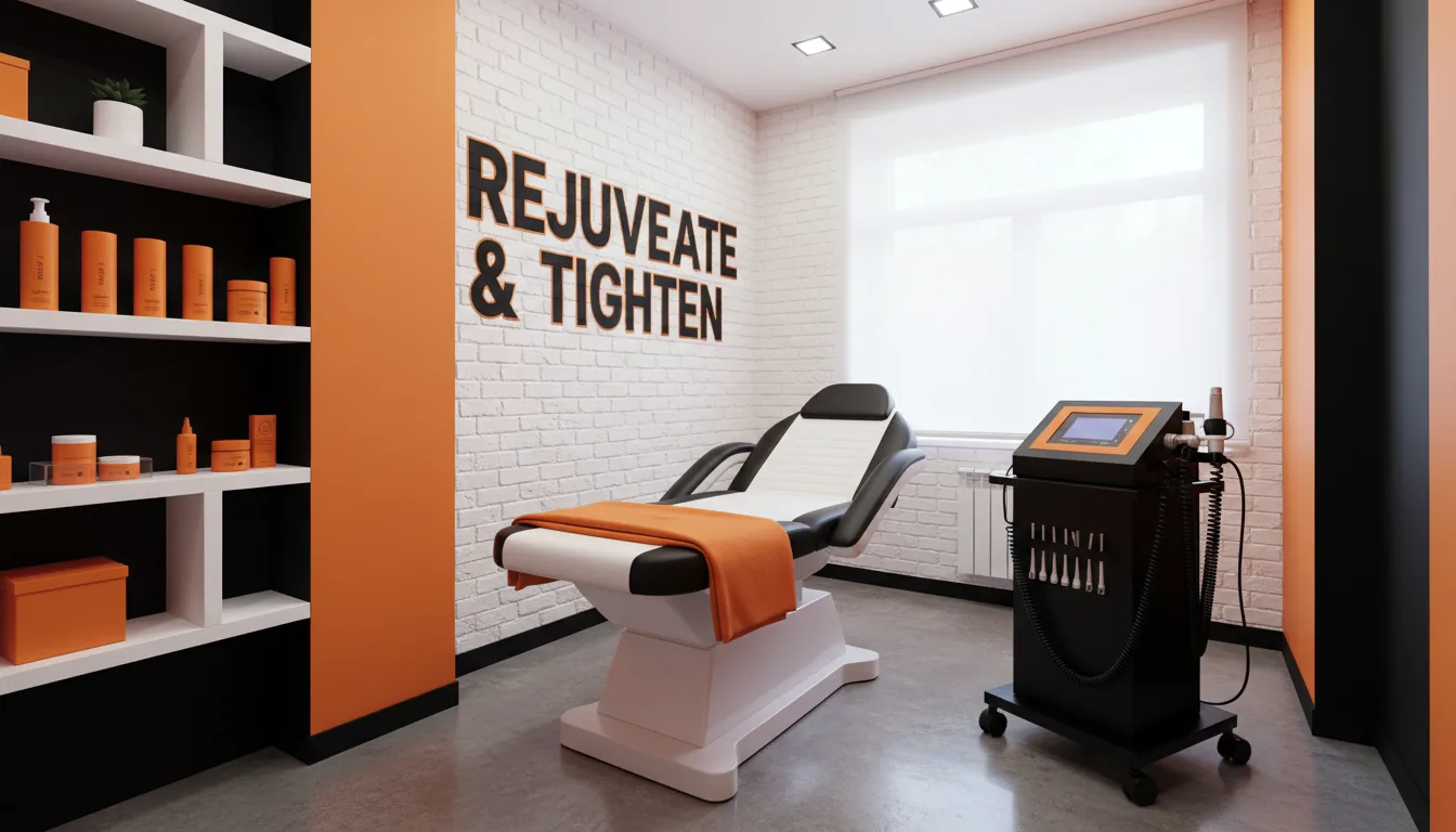 Eye-level view of a clinic treatment room with plasma skin tightening equipment