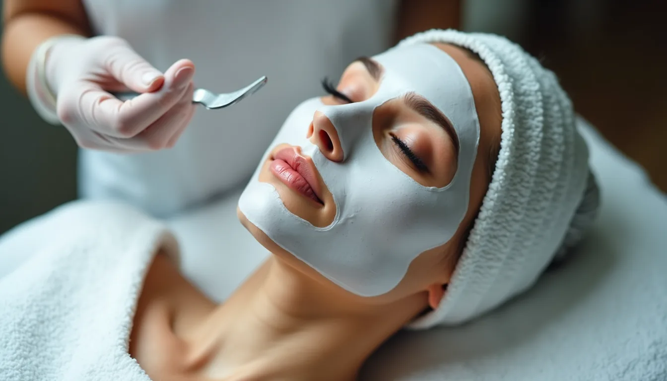 High angle view of a skincare professional applying a facial mask