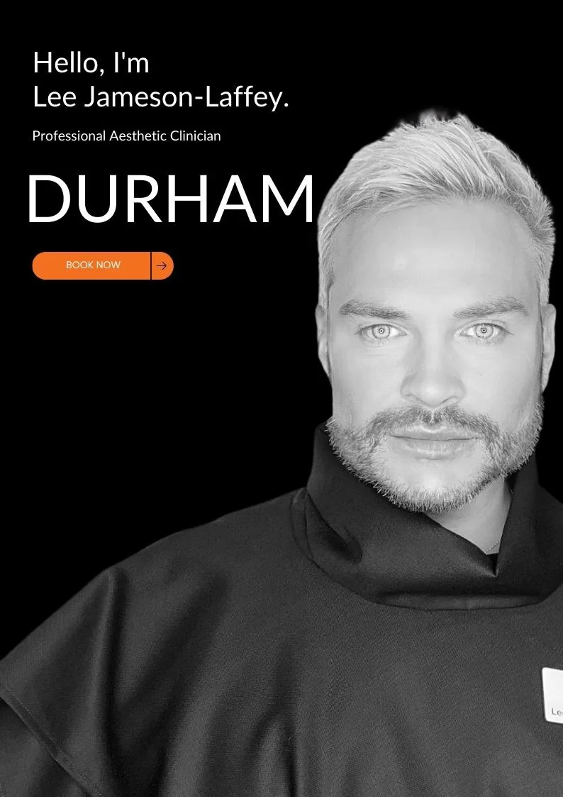 Man with light hair in black attire against a dark background. Text: "Hello, I'm Lee Jameson-Laffey, Professional Aesthetic Clinician, DURHAM." Orange "BOOK NOW" button.