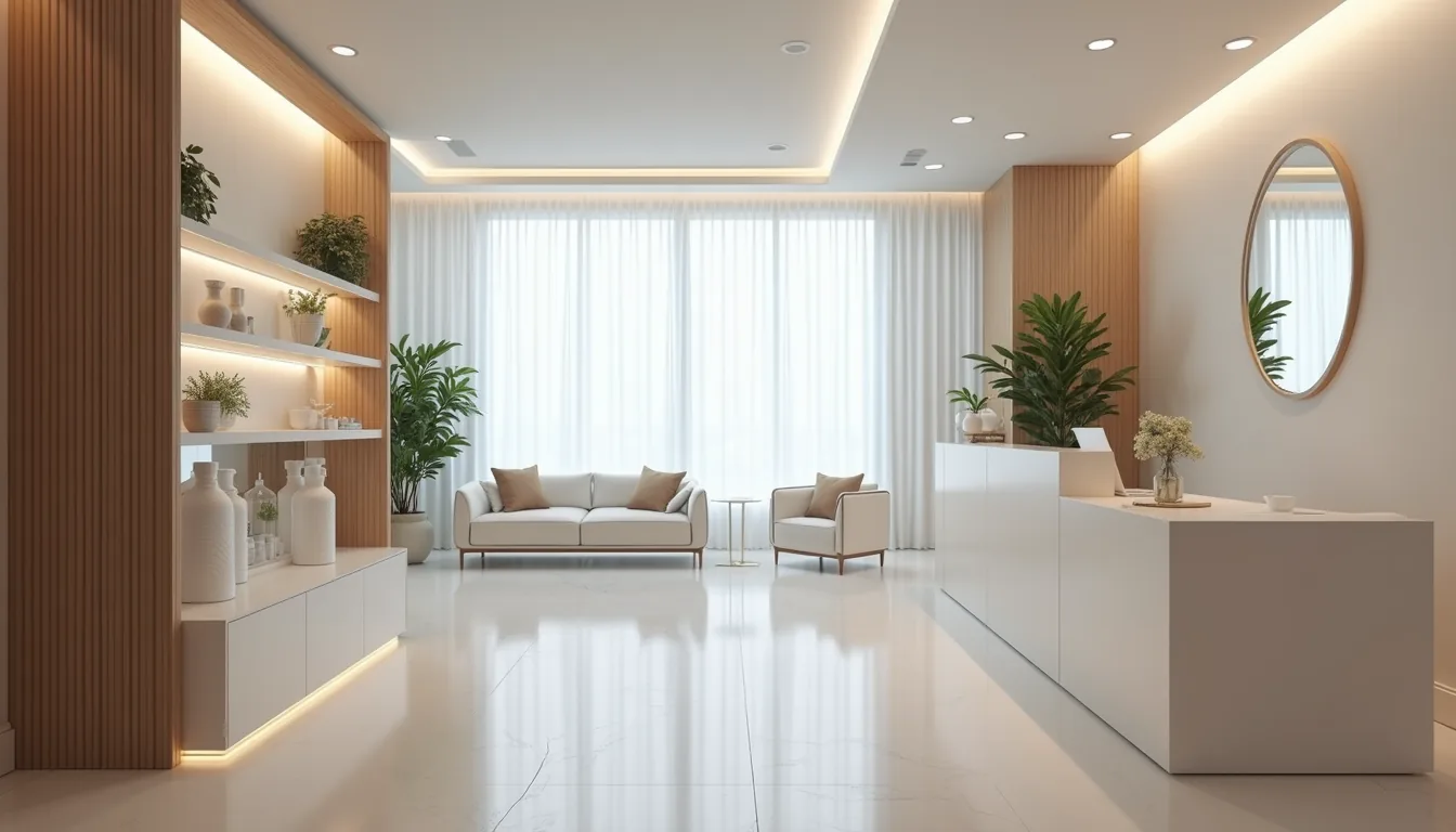 Eye-level view of a modern skincare clinic reception area